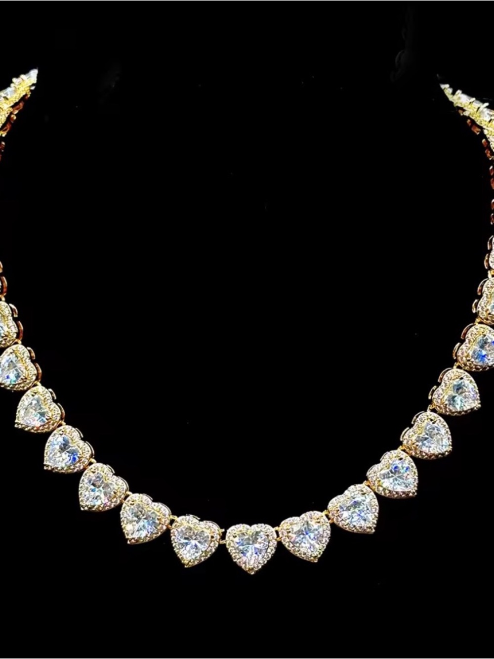 Gold Heart CZ Tennis Necklace - Sparkling Clear Hearts 16inch